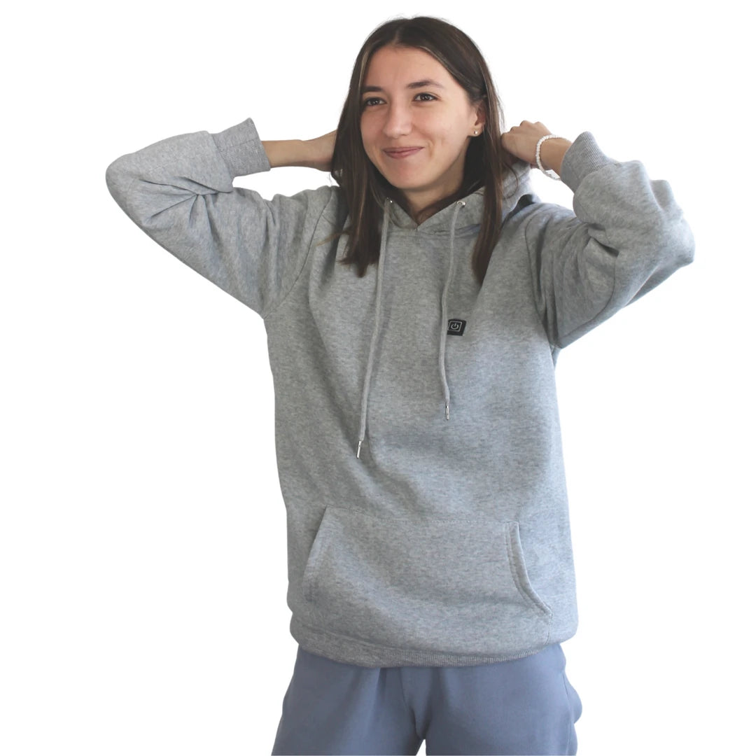 Grauer SmartJacket Hoodie mit Heizknopf, getragen