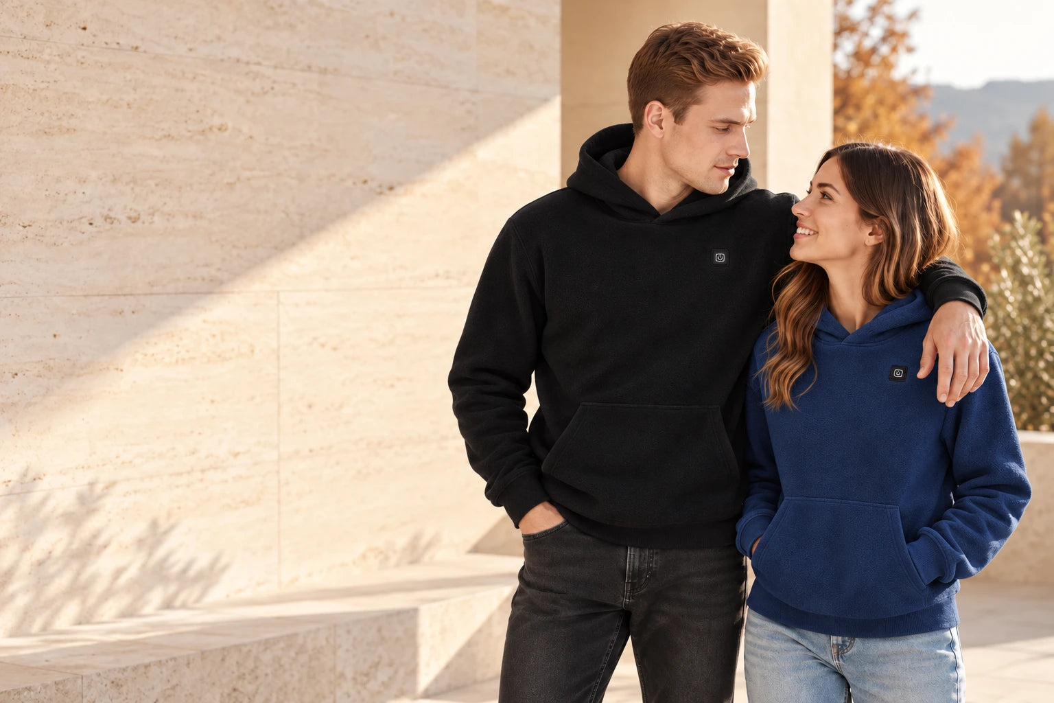 SmartJacket campaign featuring heated hoodies in black and navy